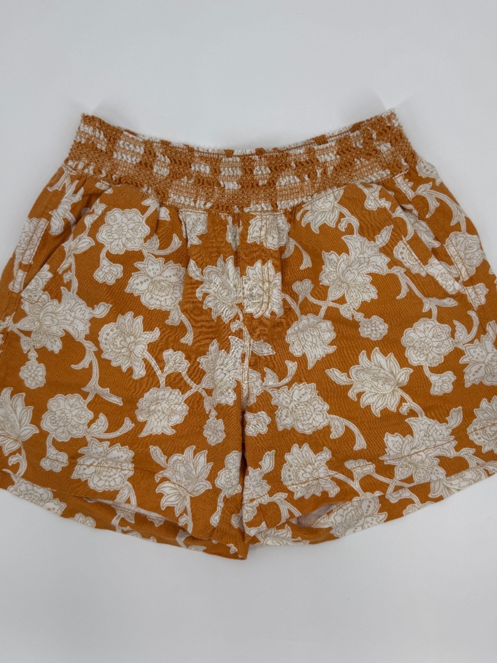Floral Burnt Orange Linen Shorts Smocked Waist Casual Boho Cottage Coastal Small